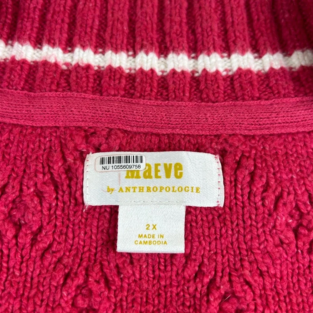 Anthropologie Maeve Tilly Varsity Cable Knit V-Neck Sweater Raspberry Pink 2X - Picture 3 of 11